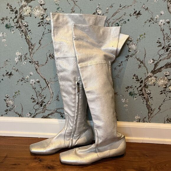 John Richmond Over The Knee Silver Leather Boots Size 38 EU / 7.5 US - Picture 1 of 10